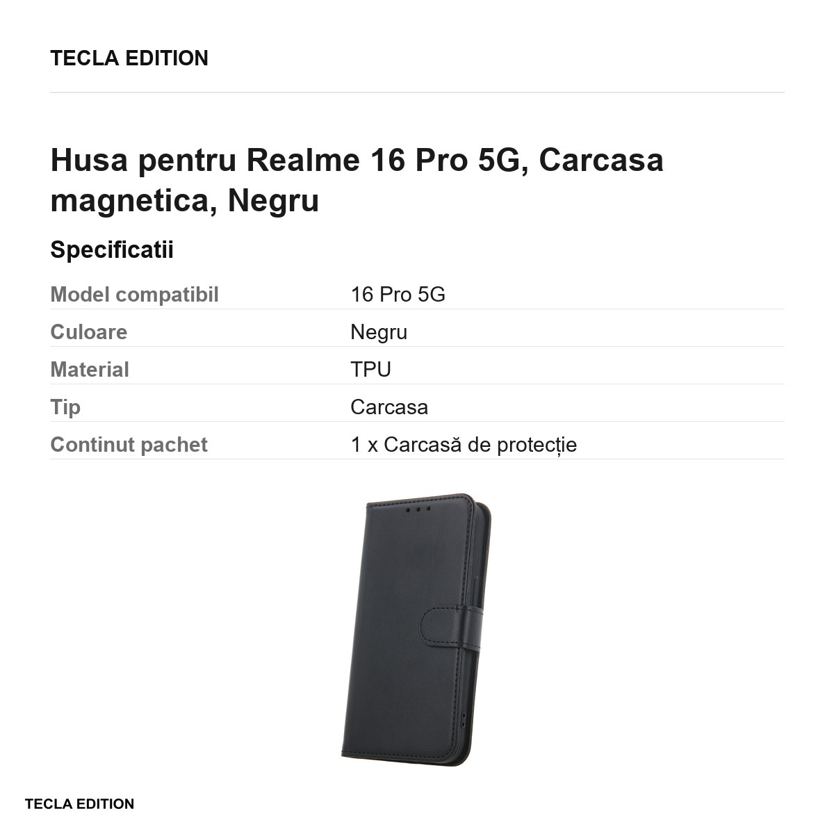 Husa Smart Classic pentru Realme 16 Pro 5G, tip carte cu inchidere magnetica, Negru [3]