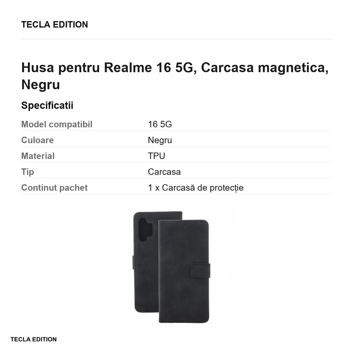 Husa Smart Velvet pentru Realme 16 5G, tip carte cu inchidere magnetica, Negru [3]