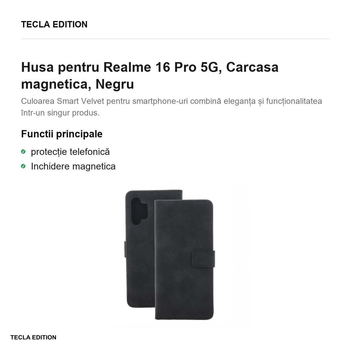 Husa Smart Velvet pentru Realme 16 Pro 5G, tip carte cu inchidere magnetica, Negru [2]