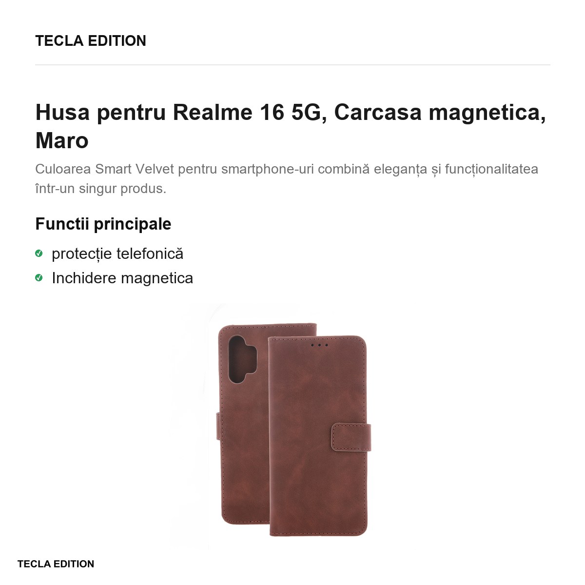 Husa Smart Velvet pentru Realme 16 5G, tip carte cu inchidere magnetica, Maro [2]