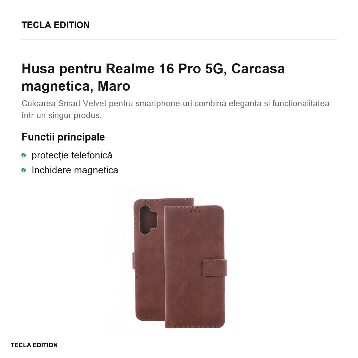 Husa Smart Velvet pentru Realme 16 Pro 5G, tip carte cu inchidere magnetica, Maro [2]