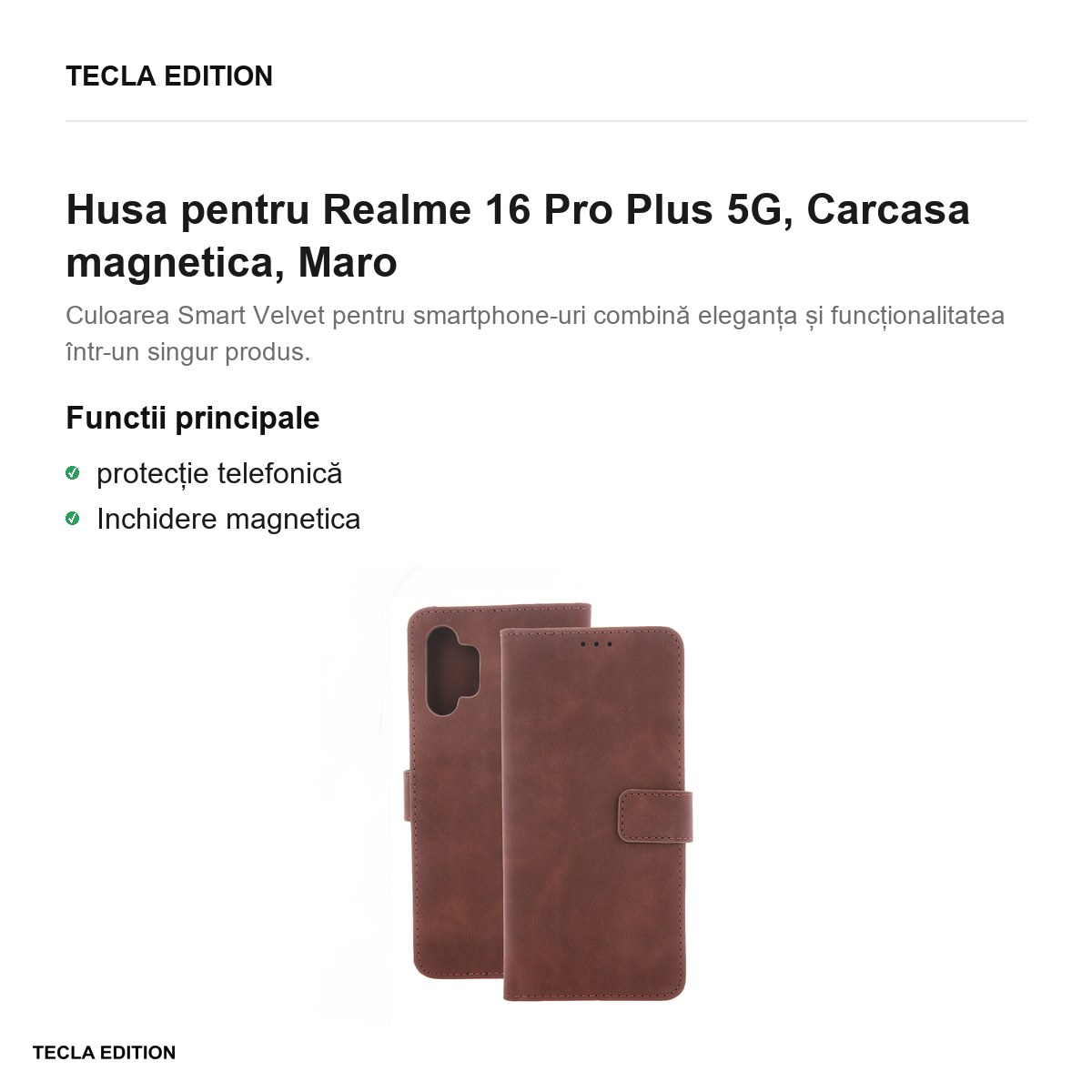 Husa Smart Velvet pentru Realme 16 Pro Plus 5G, tip carte cu inchidere magnetica, Maro [2]