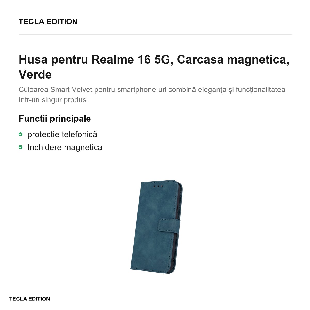 Husa Smart Velvet pentru Realme 16 5G, tip carte cu inchidere magnetica, Verde [2]