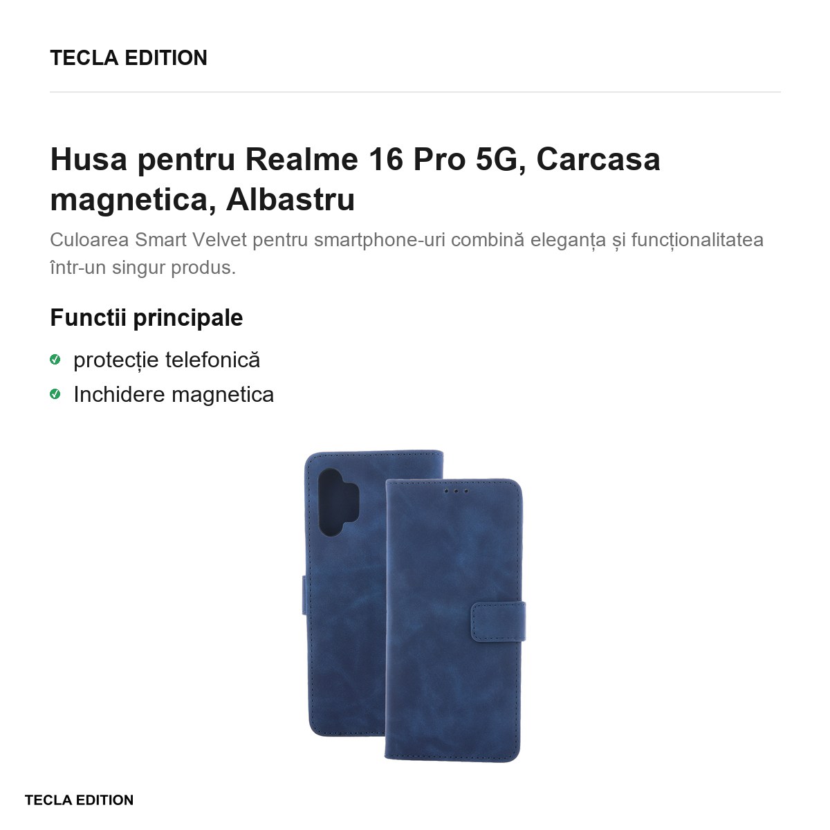 Husa Smart Velvet pentru Realme 16 Pro 5G, tip carte cu inchidere magnetica, Albastru [2]