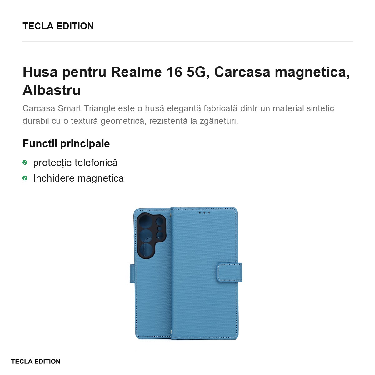 Husa Smart Triangle pentru Realme 16 5G, tip carte cu inchidere magnetica, Albastru [2]
