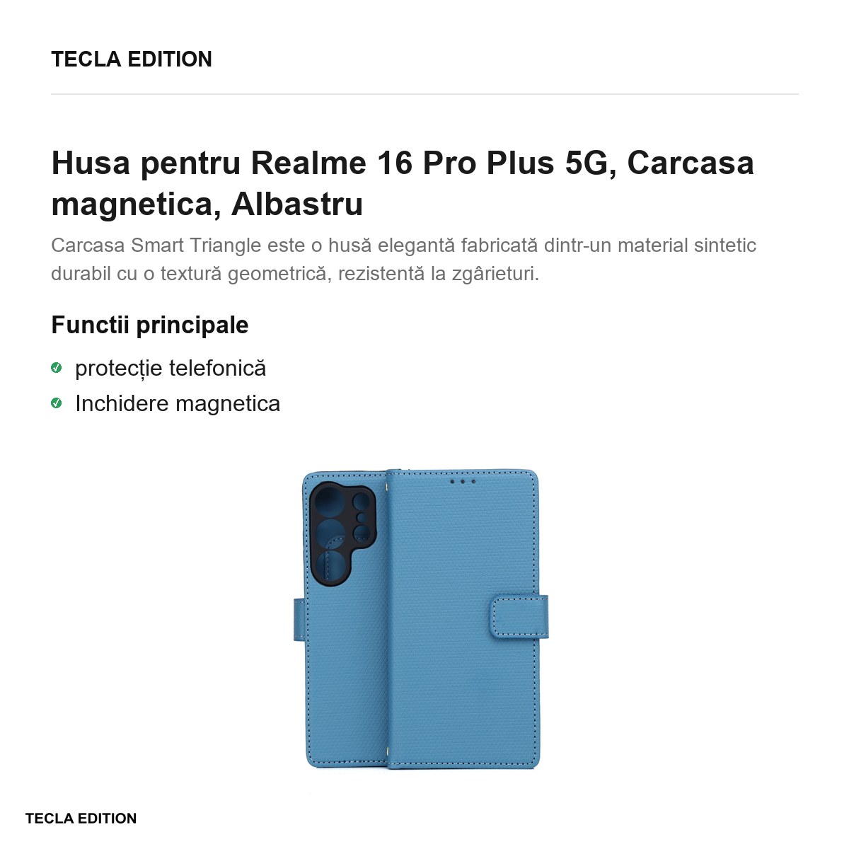 Husa Smart Triangle pentru Realme 16 Pro Plus 5G, tip carte cu inchidere magnetica, Albastru [2]