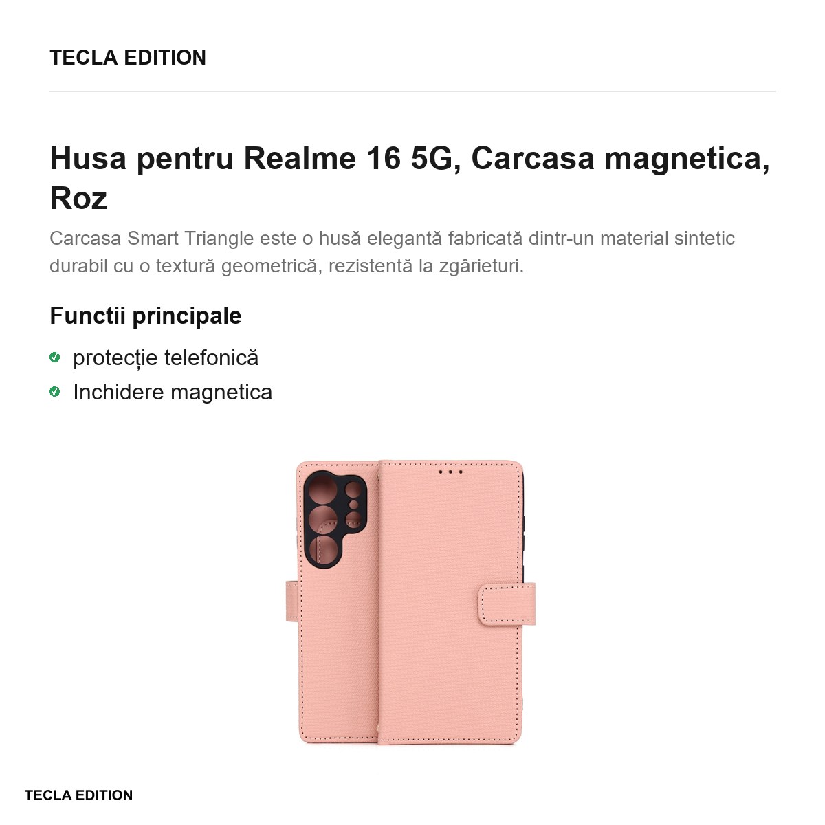 Husa Smart Triangle pentru Realme 16 5G, tip carte cu inchidere magnetica, Roz [2]