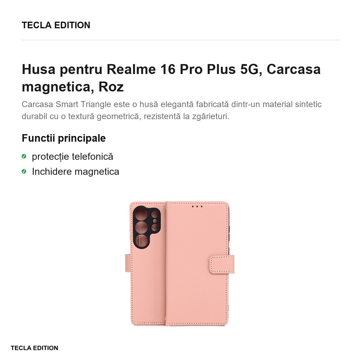 Husa Smart Triangle pentru Realme 16 Pro Plus 5G, tip carte cu inchidere magnetica, Roz [2]