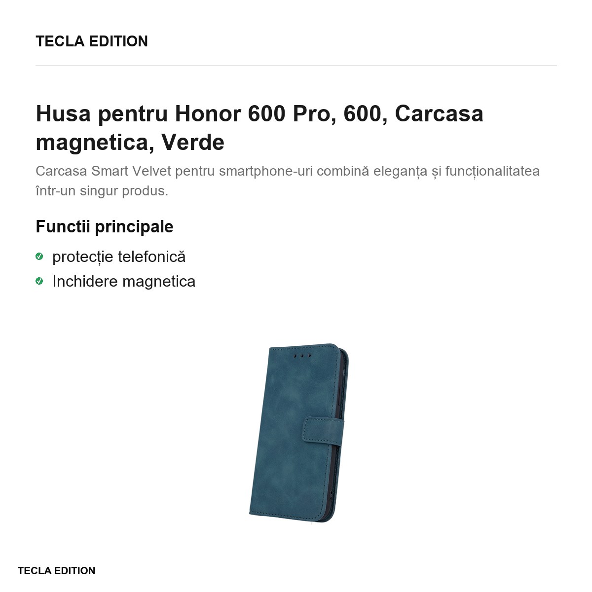 Husa Smart Velvet pentru Honor 600 Pro, 600, tip carte cu inchidere magnetica, Verde [2]