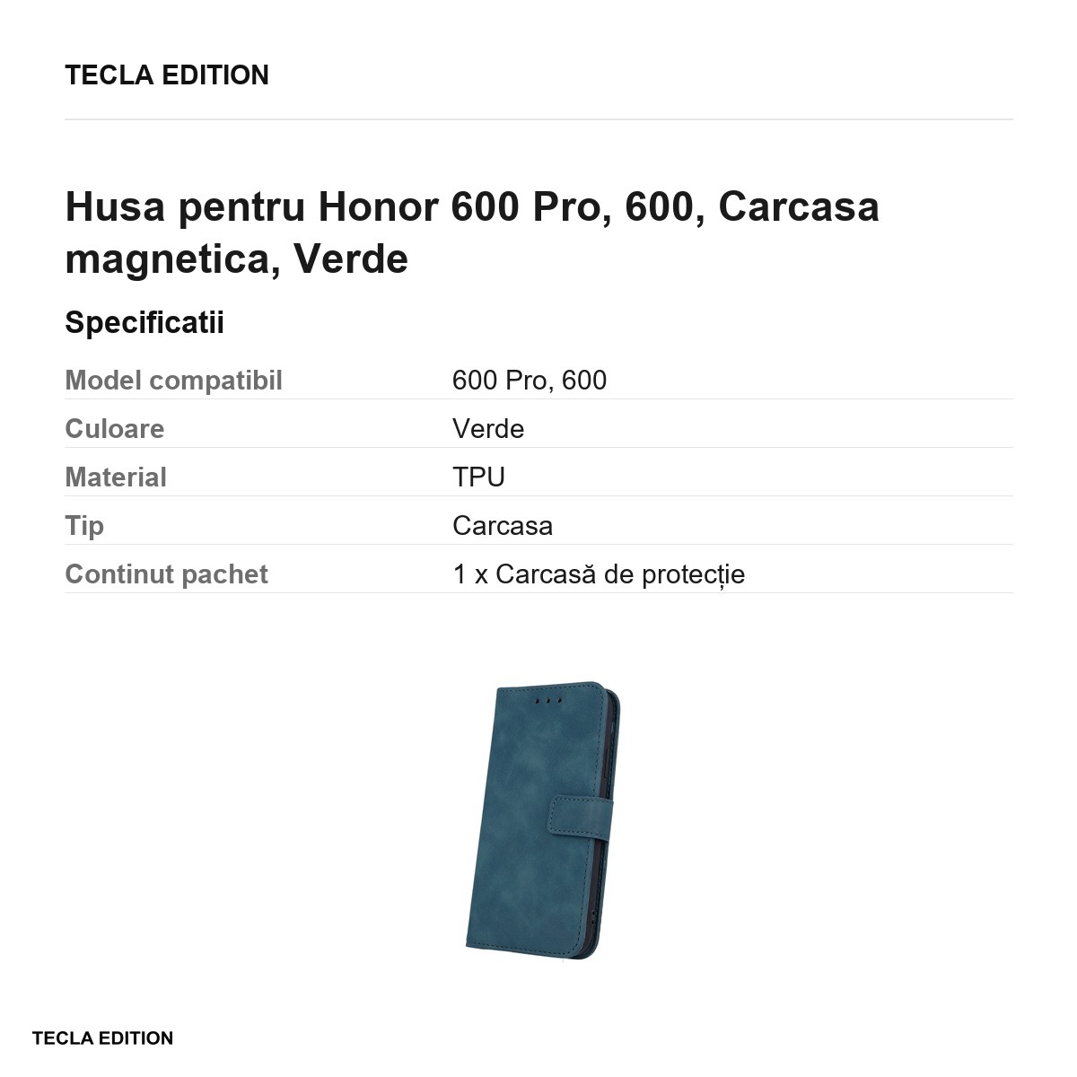 Husa Smart Velvet pentru Honor 600 Pro, 600, tip carte cu inchidere magnetica, Verde [3]