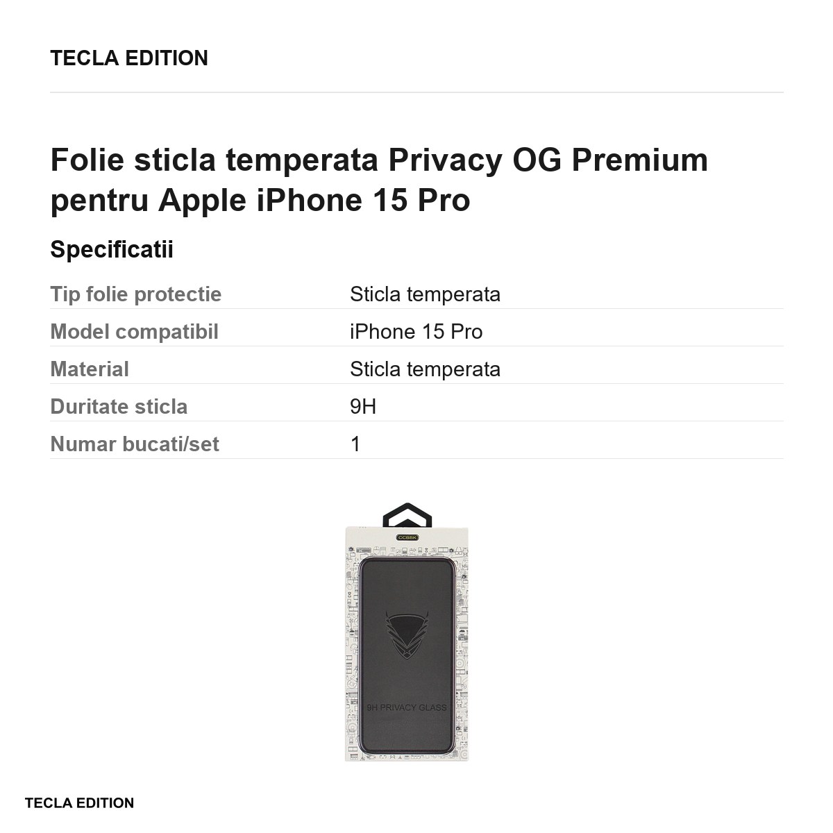 Folie sticla temperata Privacy OG Premium pentru Apple iPhone 15 Pro [3]