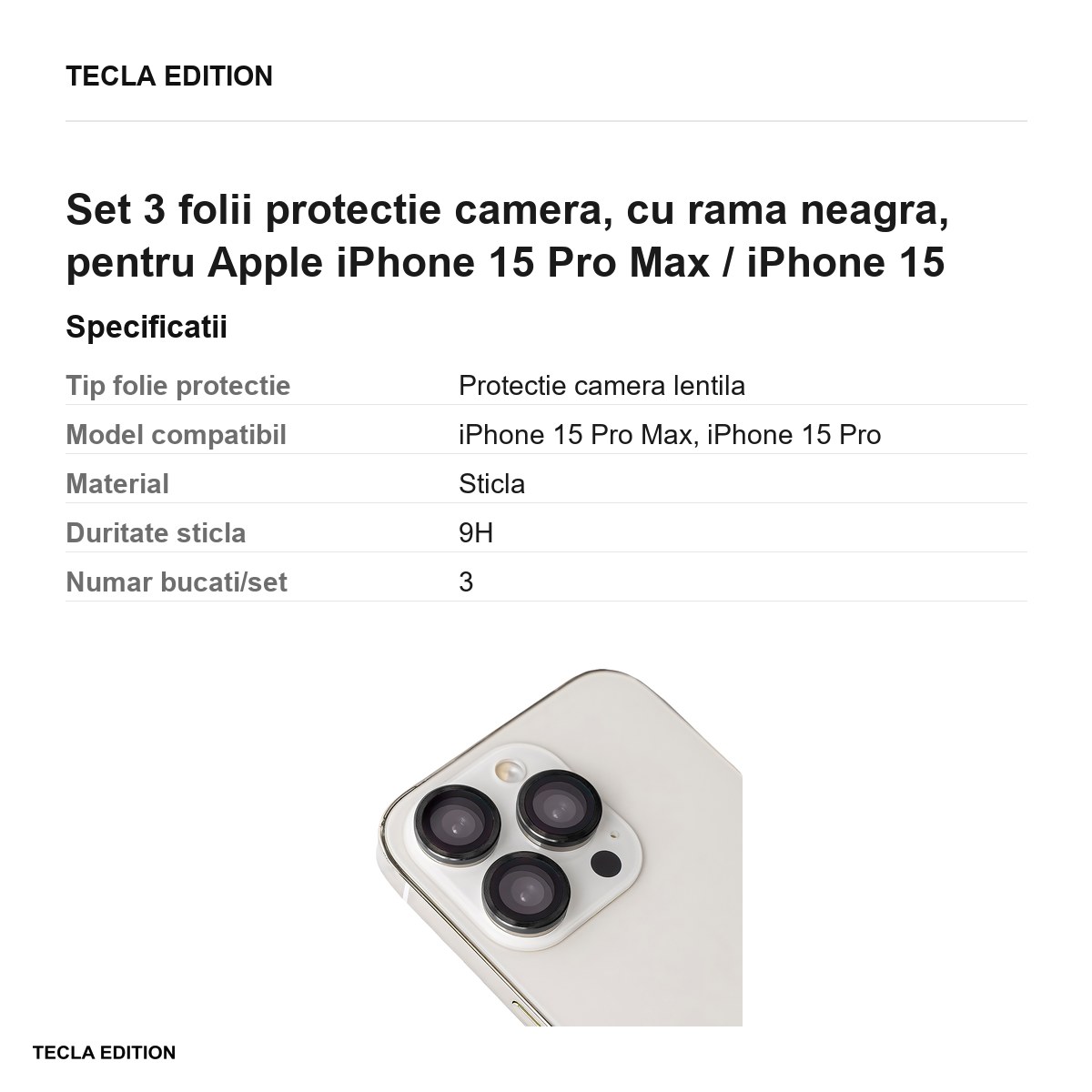 Set 3 folii protectie camera, cu rama neagra, pentru Apple iPhone 15 Pro Max / iPhone 15 Pro [3]