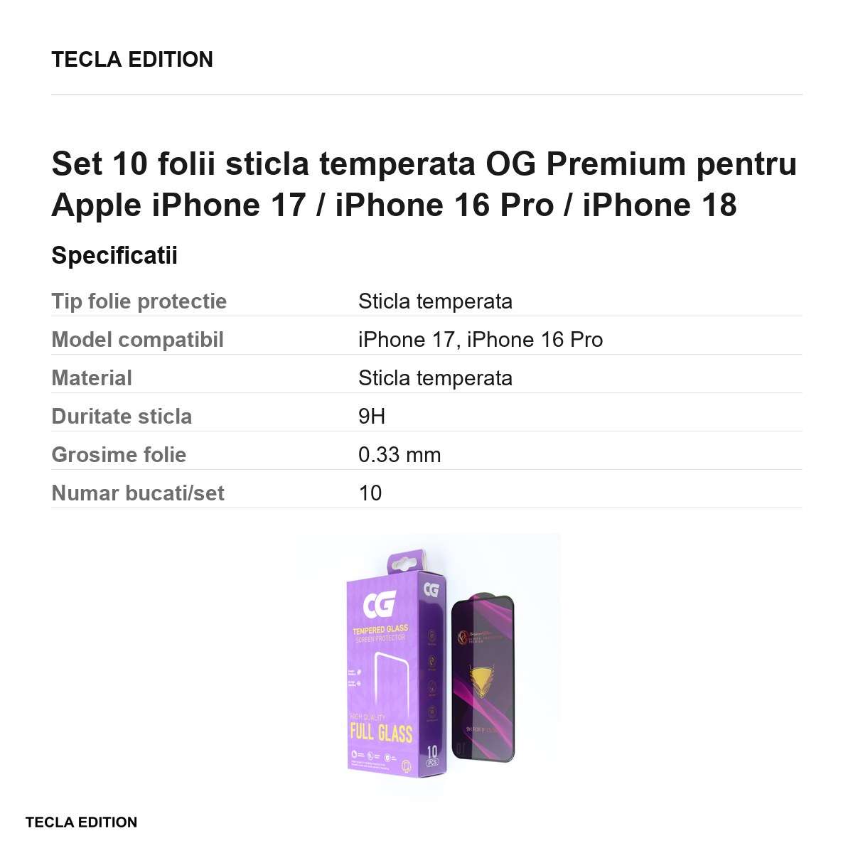Set 10 folii sticla temperata OG Premium pentru Apple iPhone 17 / iPhone 16 Pro / iPhone 18 [5]