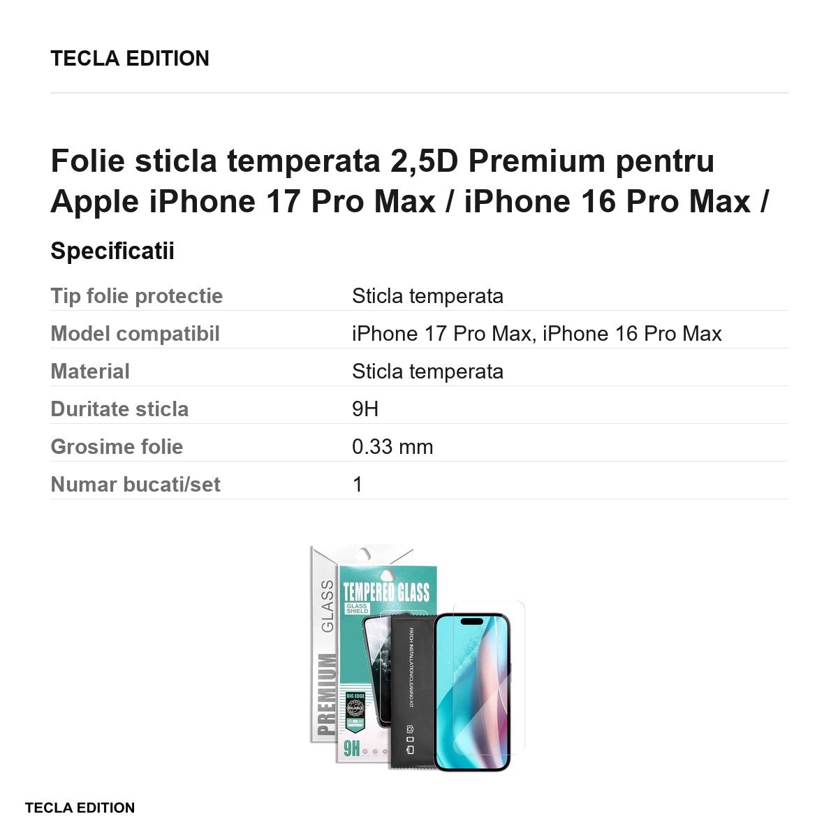 Folie sticla temperata 2,5D Premium pentru Apple iPhone 17 Pro Max / iPhone 16 Pro Max / iPhone 18 Pro Max [3]