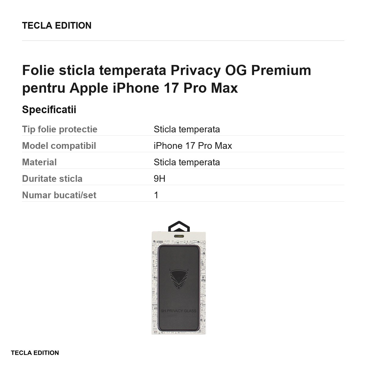 Folie sticla temperata Privacy OG Premium pentru Apple iPhone 17 Pro Max [3]