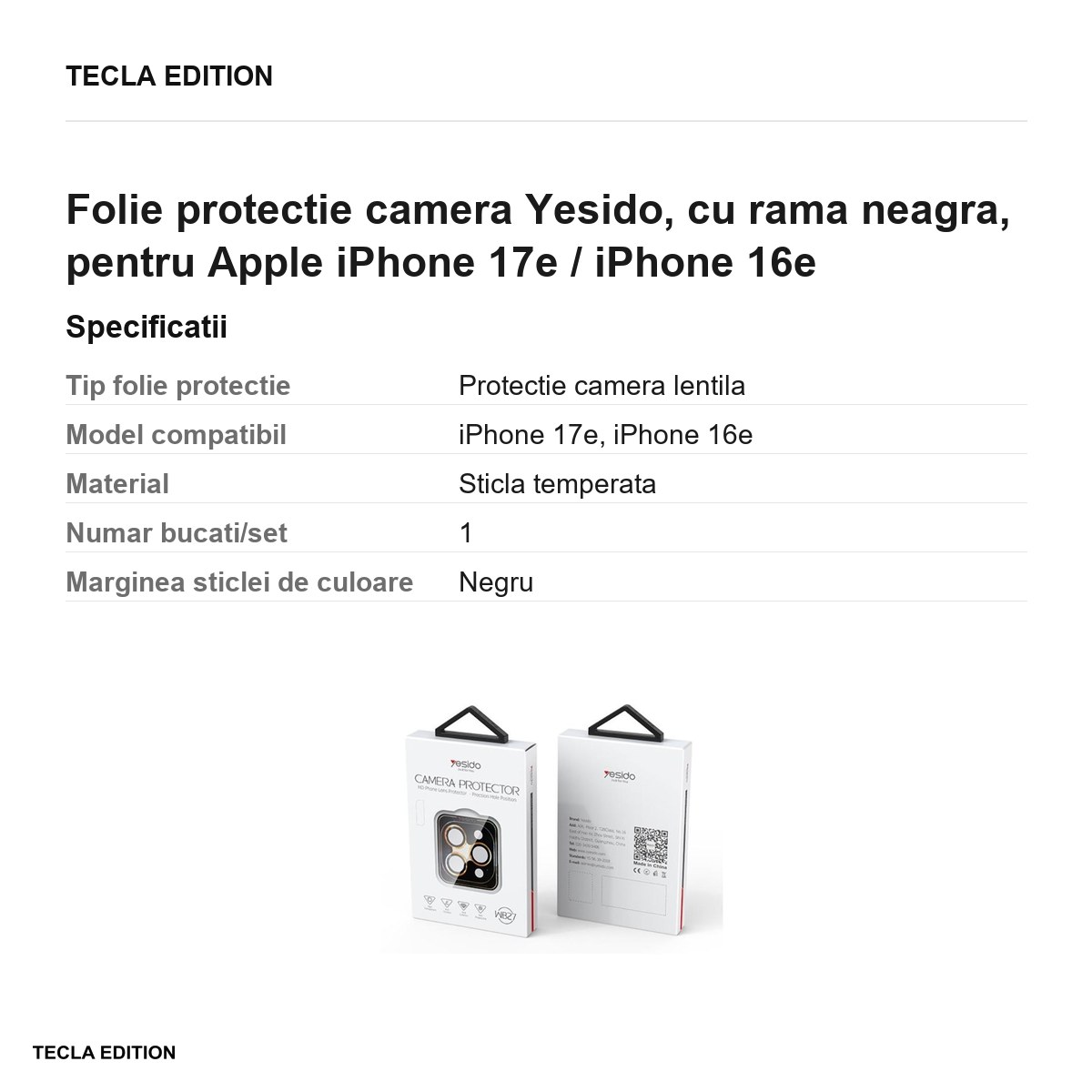 Folie protectie camera Yesido, cu rama neagra, pentru Apple iPhone 17e / iPhone 16e [3]