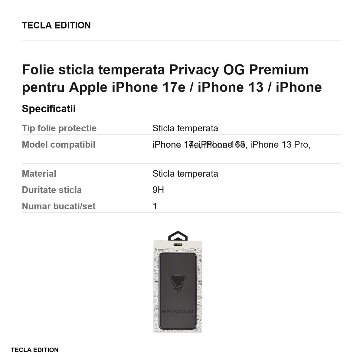 Folie sticla temperata Privacy OG Premium pentru Apple iPhone 17e / iPhone 13 / iPhone 13 Pro / iPhone 14 / iPhone 16e [6]