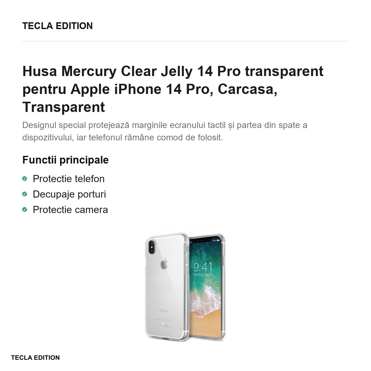 Husa Mercury Clear Jelly 14 Pro transparent pentru Apple iPhone 14 Pro, Carcasa, Transparent [2]