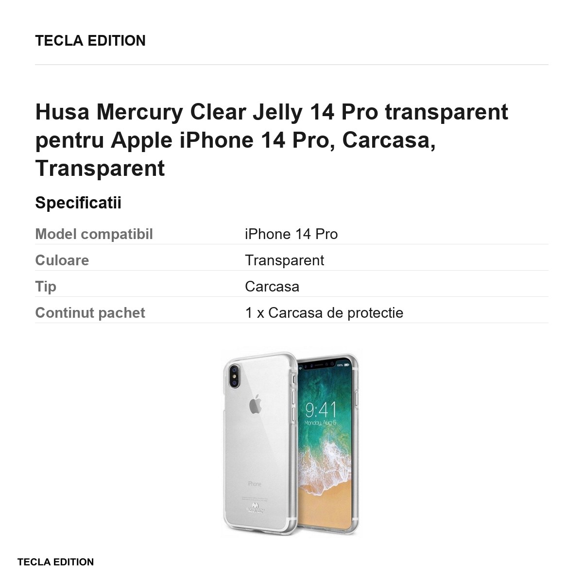 Husa Mercury Clear Jelly 14 Pro transparent pentru Apple iPhone 14 Pro, Carcasa, Transparent [3]
