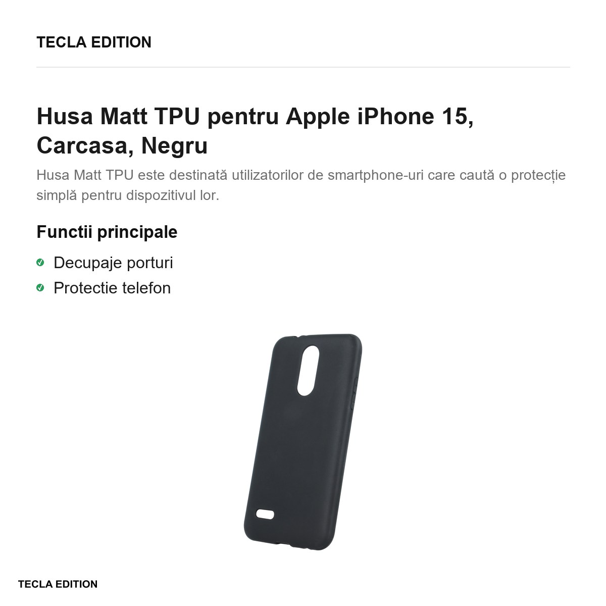 Husa Matt TPU pentru Apple iPhone 15, Carcasa, Negru [2]