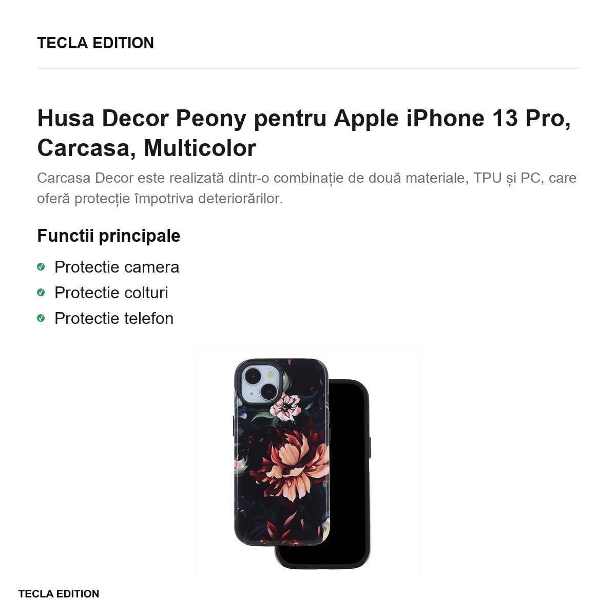 Husa Decor Peony pentru Apple iPhone 13 Pro, Carcasa, Multicolor [2]