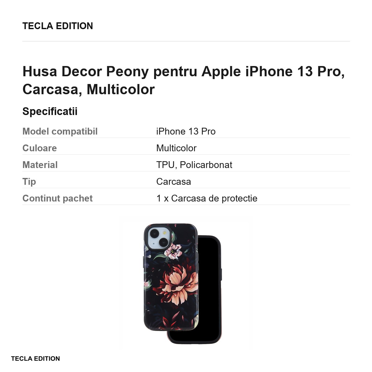 Husa Decor Peony pentru Apple iPhone 13 Pro, Carcasa, Multicolor [3]