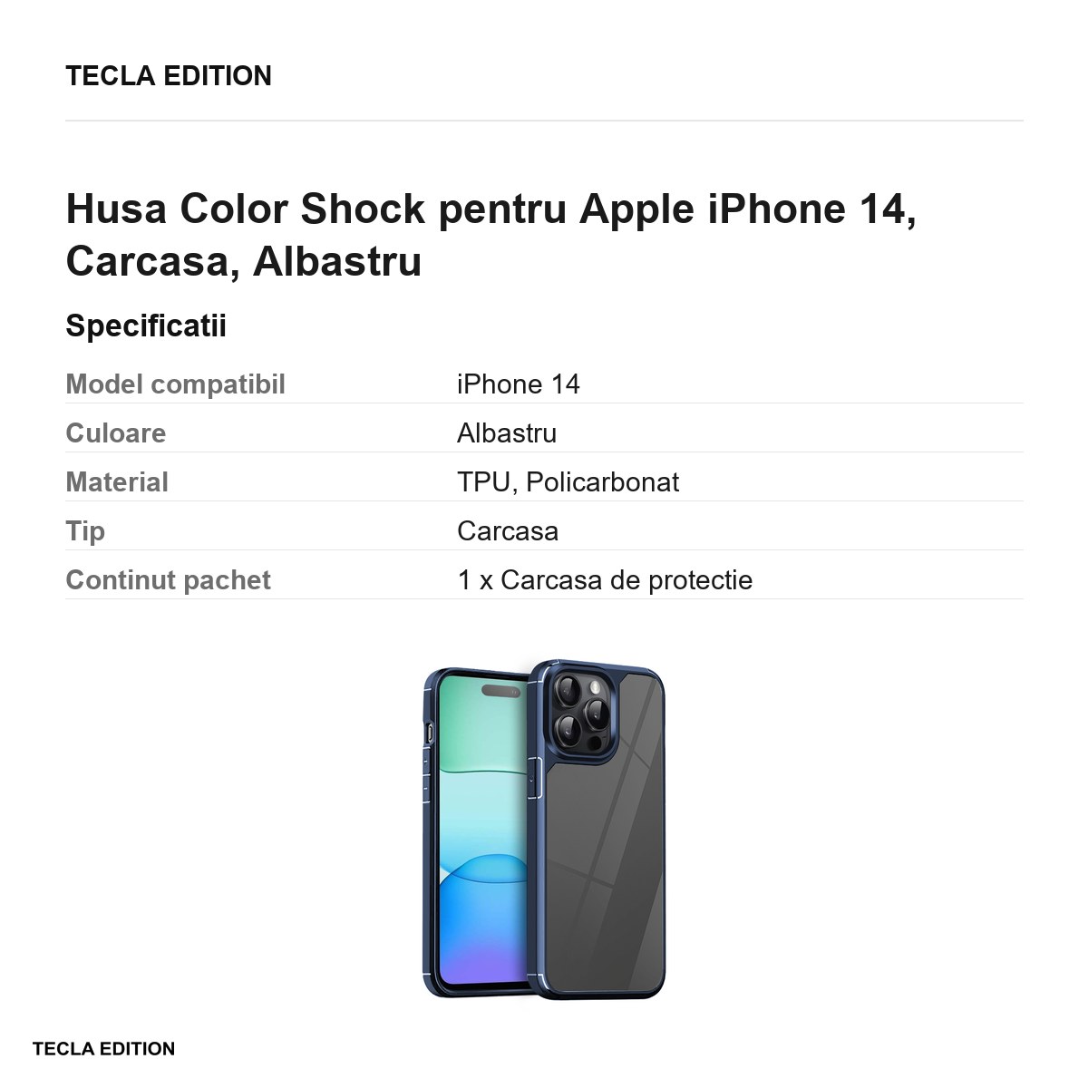 Husa Color Shock pentru Apple iPhone 14, Carcasa, Albastru [3]