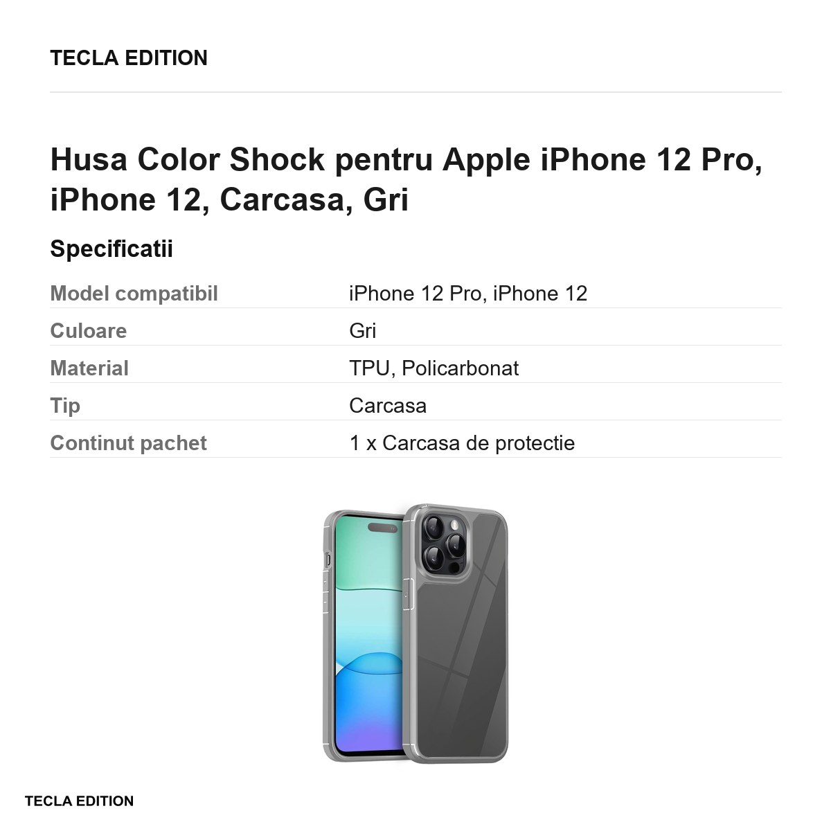 Husa Color Shock pentru Apple iPhone 12 Pro, iPhone 12, Carcasa, Gri [3]