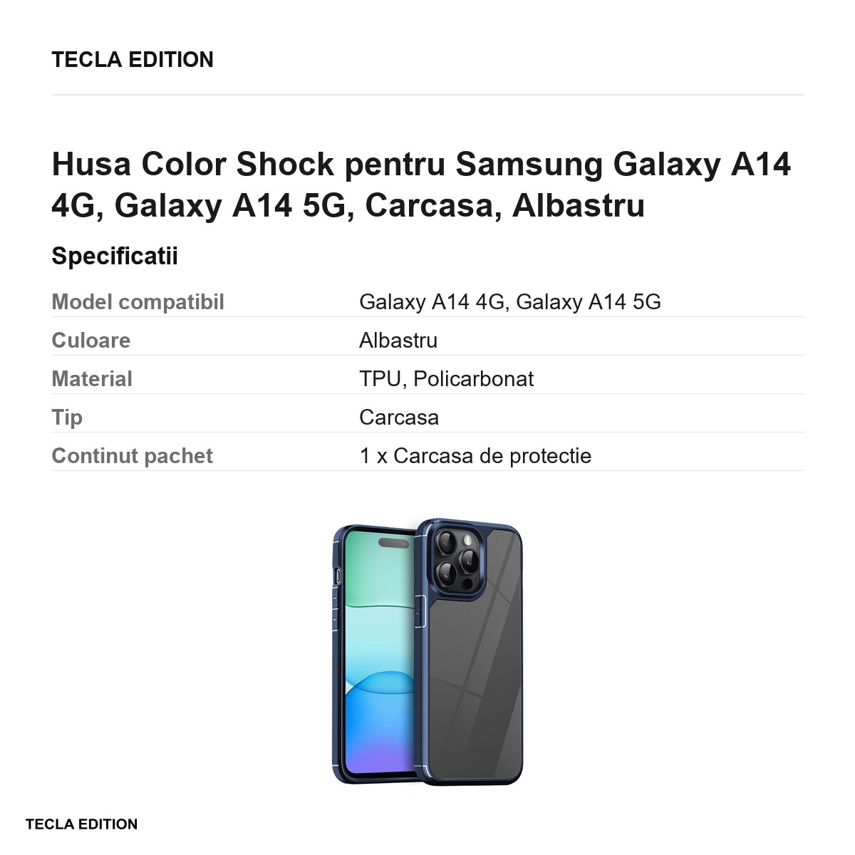 Husa Color Shock pentru Samsung Galaxy A14 4G, Galaxy A14 5G, Carcasa, Albastru [3]