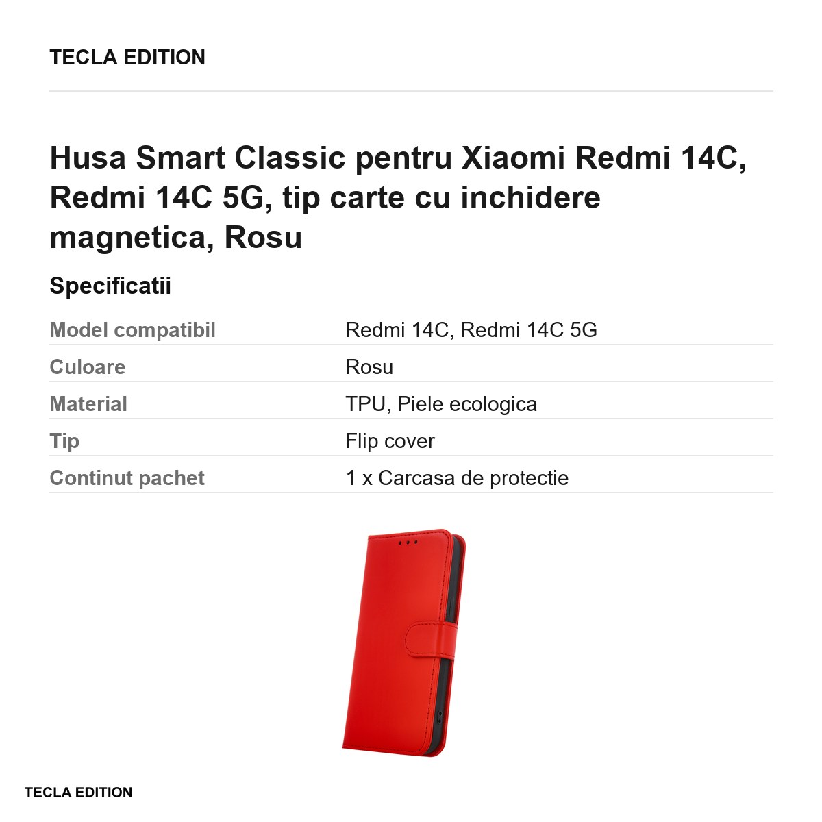 Husa Smart Classic pentru Xiaomi Redmi 14C, Redmi 14C 5G, tip carte cu inchidere magnetica, Rosu [3]