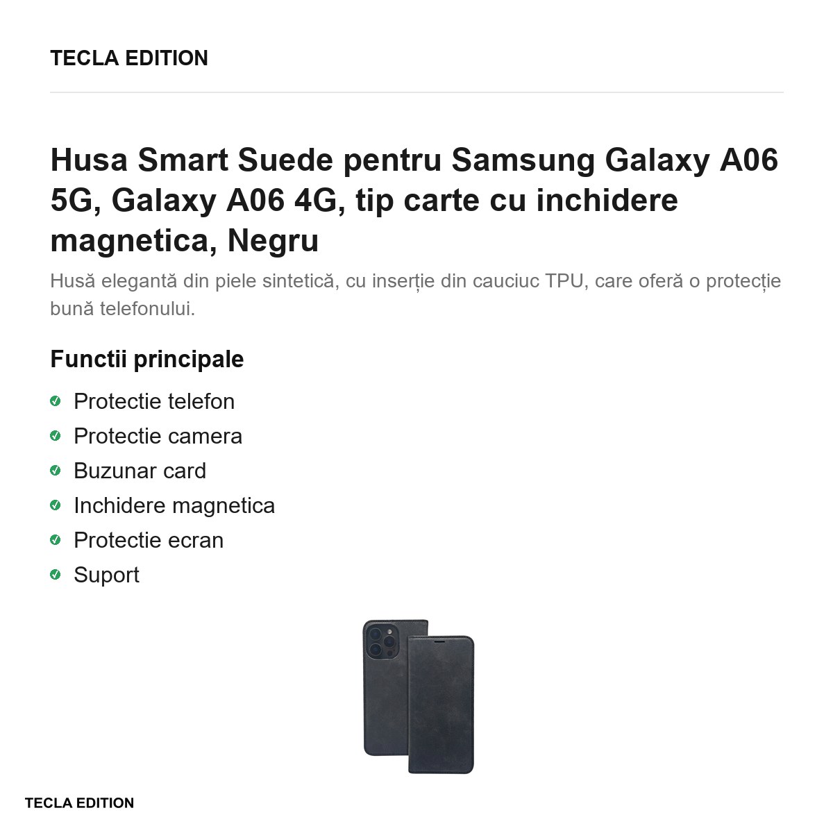 Husa Smart Suede pentru Samsung Galaxy A06 5G, Galaxy A06 4G, tip carte cu inchidere magnetica, Negru [2]