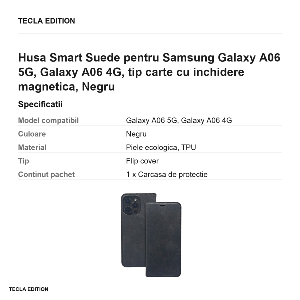 Husa Smart Suede pentru Samsung Galaxy A06 5G, Galaxy A06 4G, tip carte cu inchidere magnetica, Negru [3]