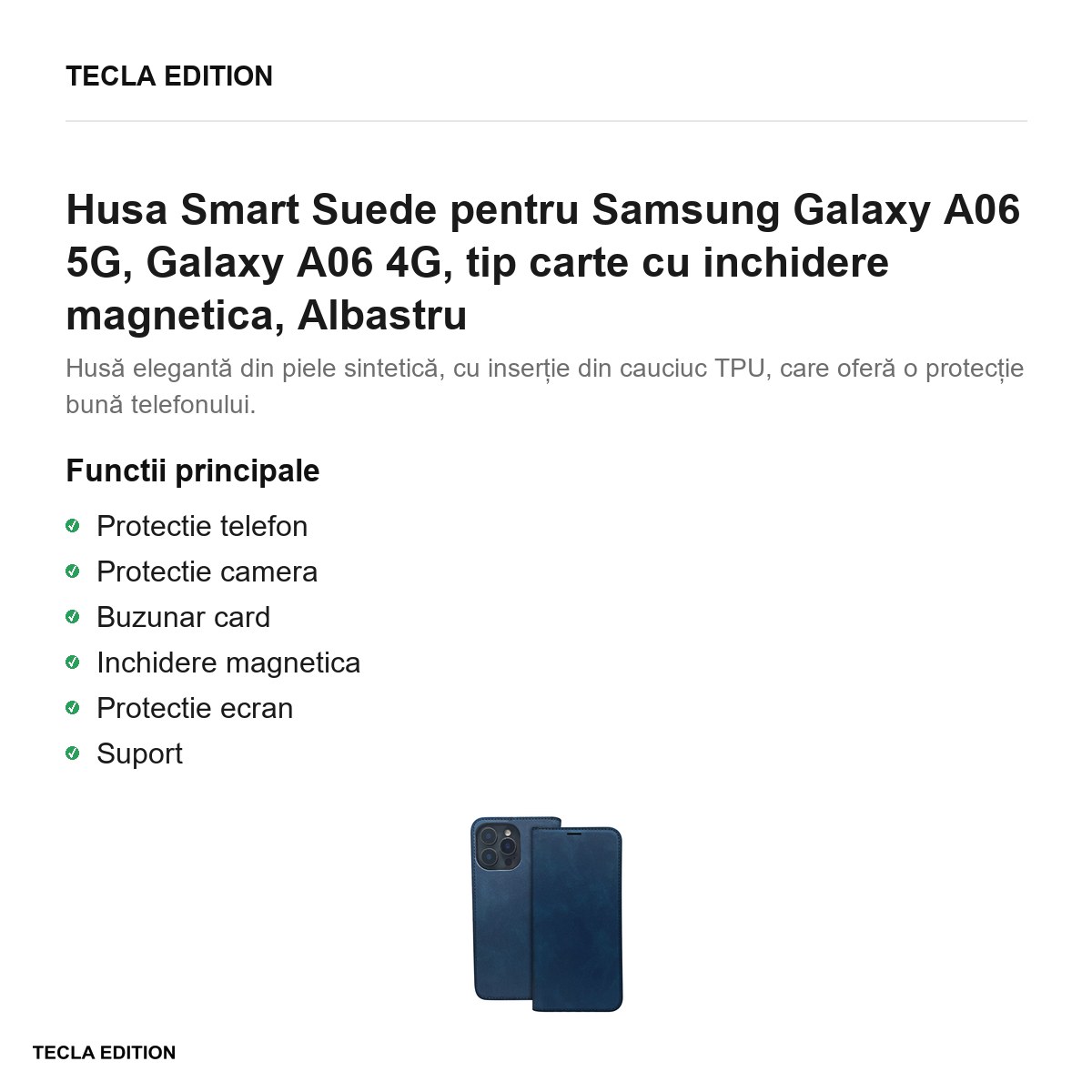 Husa Smart Suede pentru Samsung Galaxy A06 5G, Galaxy A06 4G, tip carte cu inchidere magnetica, Albastru [2]
