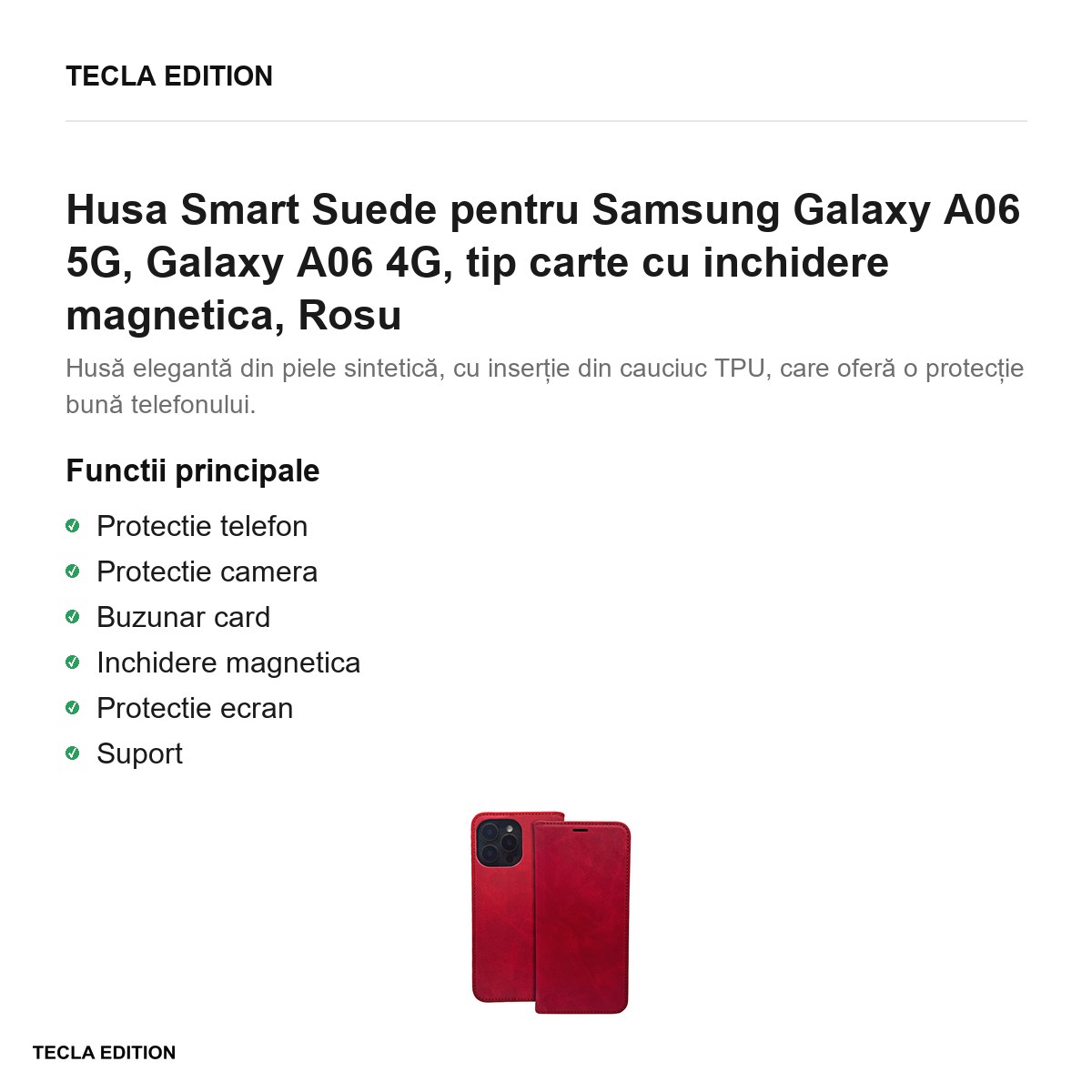 Husa Smart Suede pentru Samsung Galaxy A06 5G, Galaxy A06 4G, tip carte cu inchidere magnetica, Rosu [2]