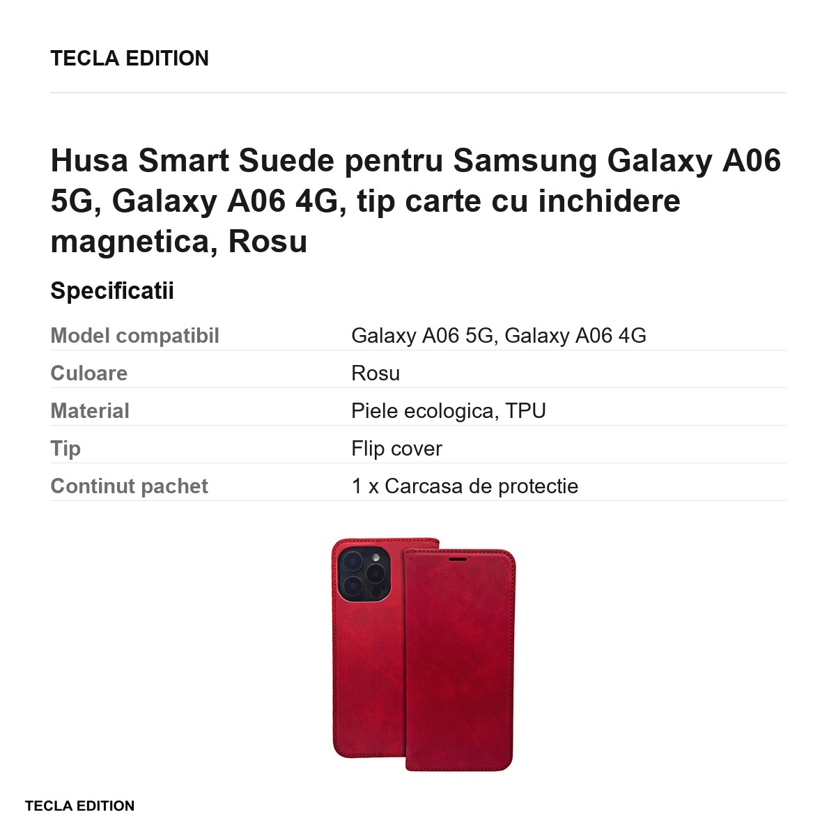 Husa Smart Suede pentru Samsung Galaxy A06 5G, Galaxy A06 4G, tip carte cu inchidere magnetica, Rosu [3]