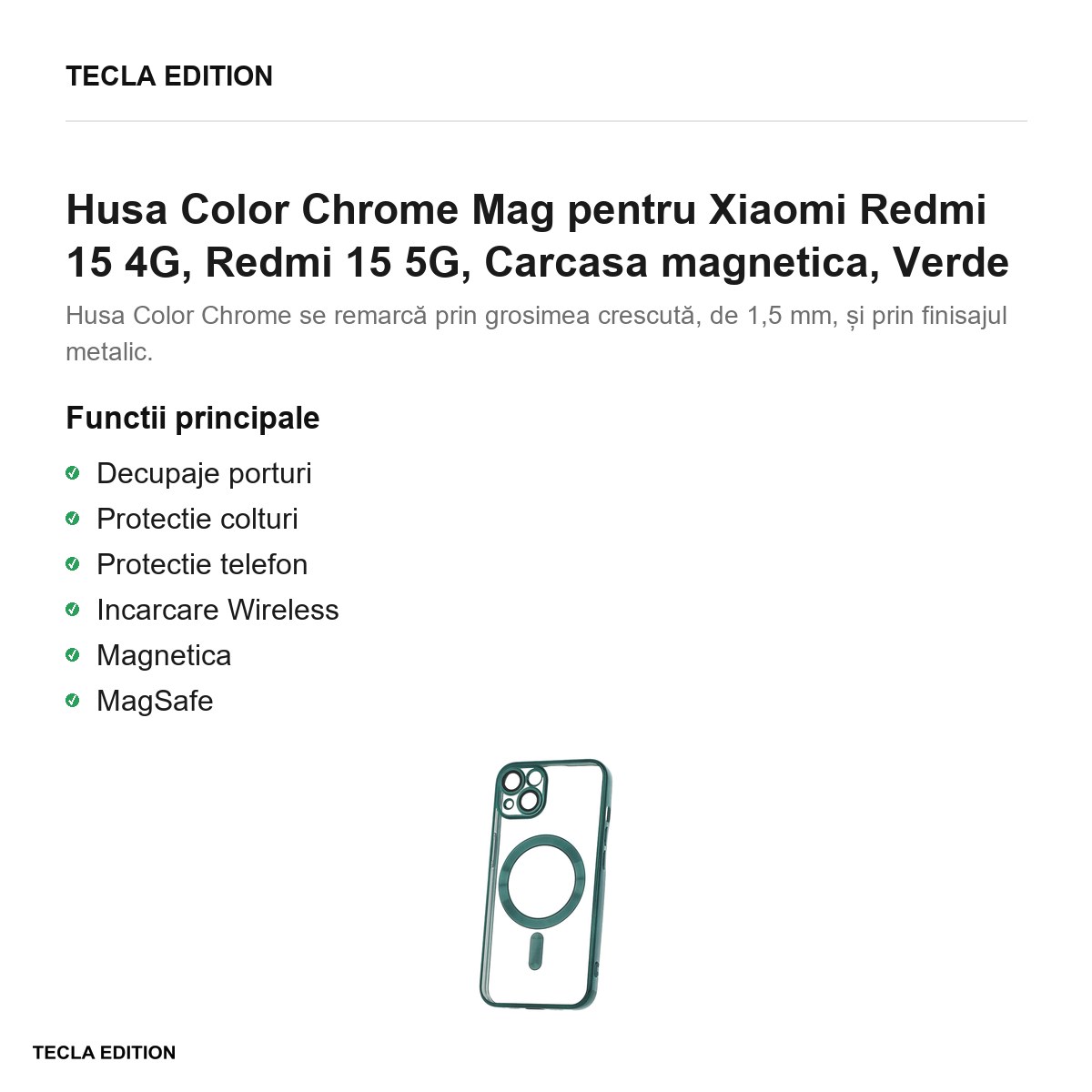 Husa Color Chrome Mag pentru Xiaomi Redmi 15 4G, Redmi 15 5G, Carcasa magnetica, Verde [2]
