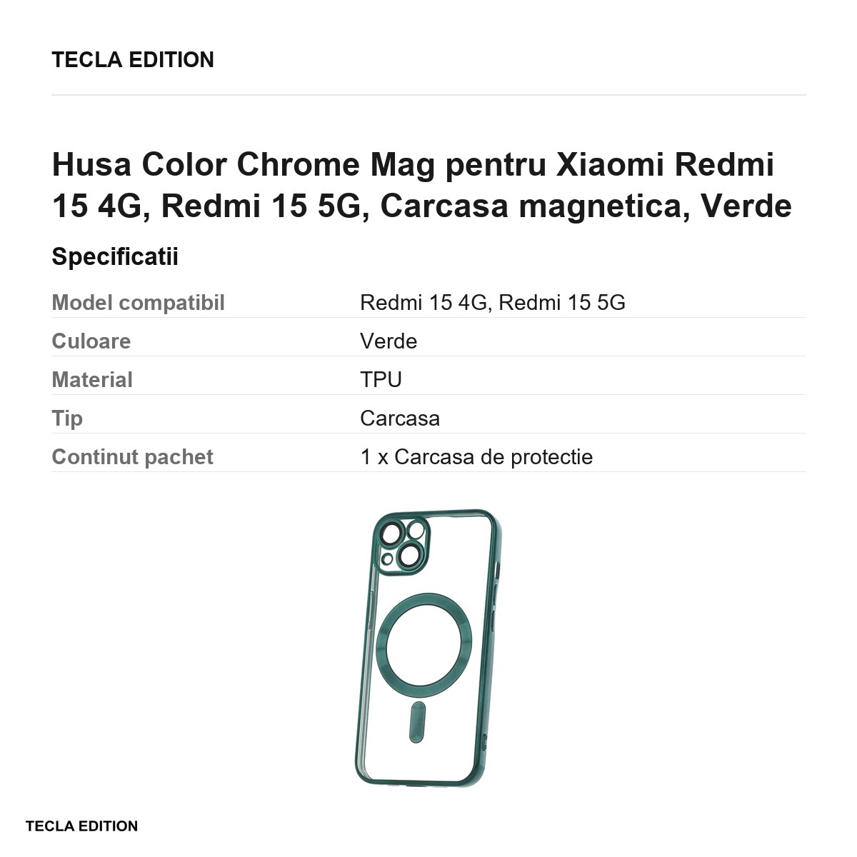 Husa Color Chrome Mag pentru Xiaomi Redmi 15 4G, Redmi 15 5G, Carcasa magnetica, Verde [3]