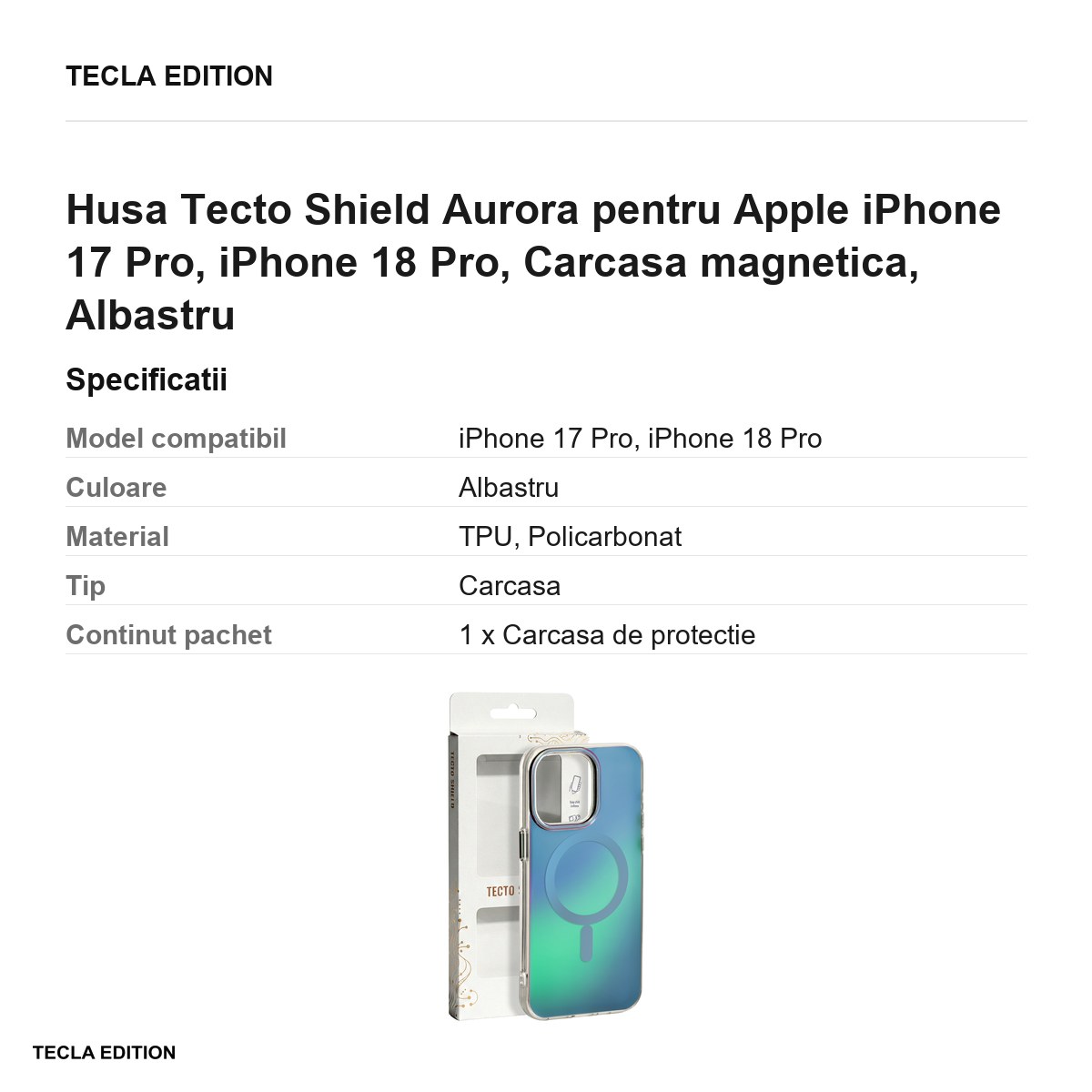 Husa Tecto Shield Aurora pentru Apple iPhone 17 Pro, iPhone 18 Pro, Carcasa magnetica, Albastru [3]