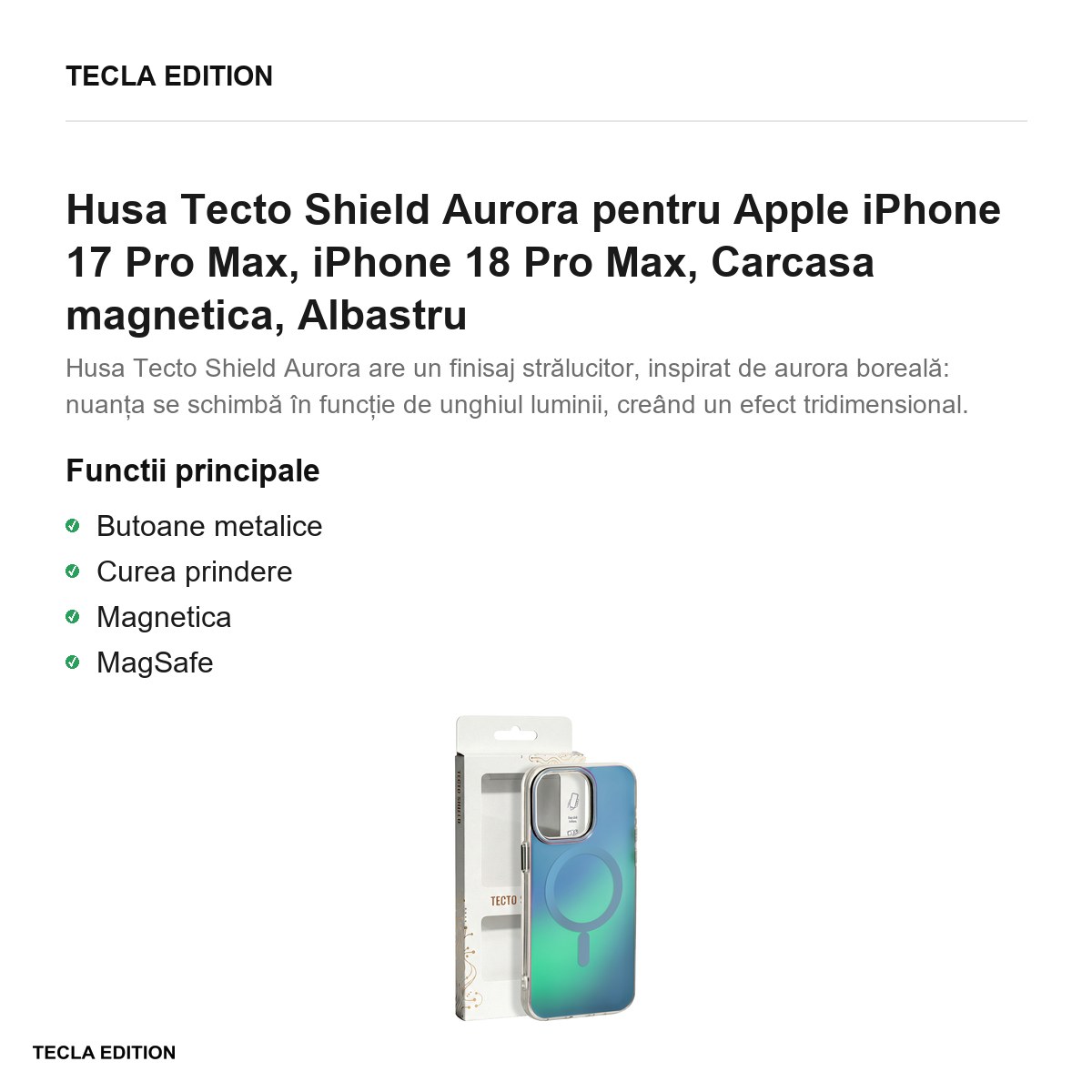 Husa Tecto Shield Aurora pentru Apple iPhone 17 Pro Max, iPhone 18 Pro Max, Carcasa magnetica, Albastru [2]