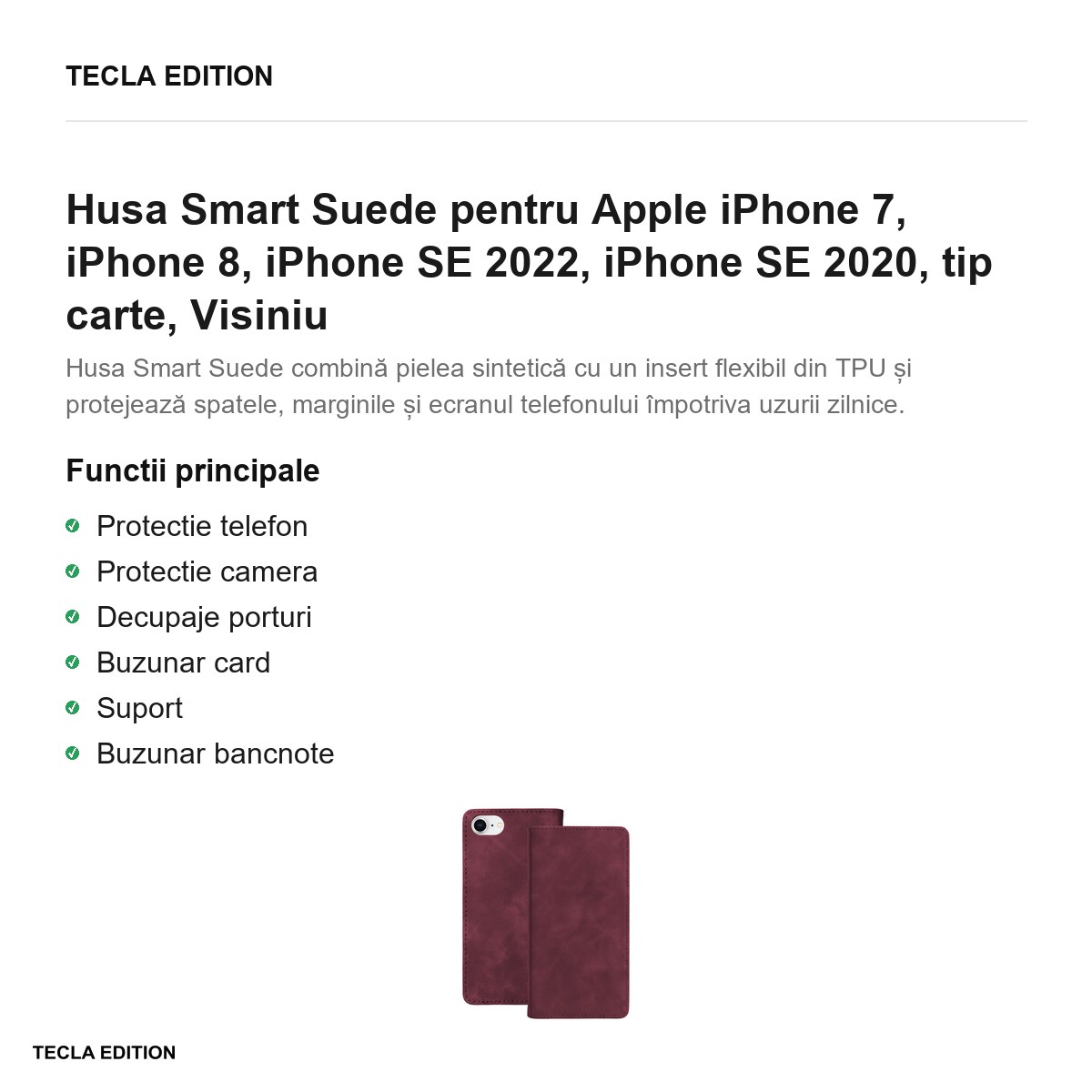 Husa Smart Suede pentru Apple iPhone 7, iPhone 8, iPhone SE 2022, iPhone SE 2020, tip carte, Visiniu [2]