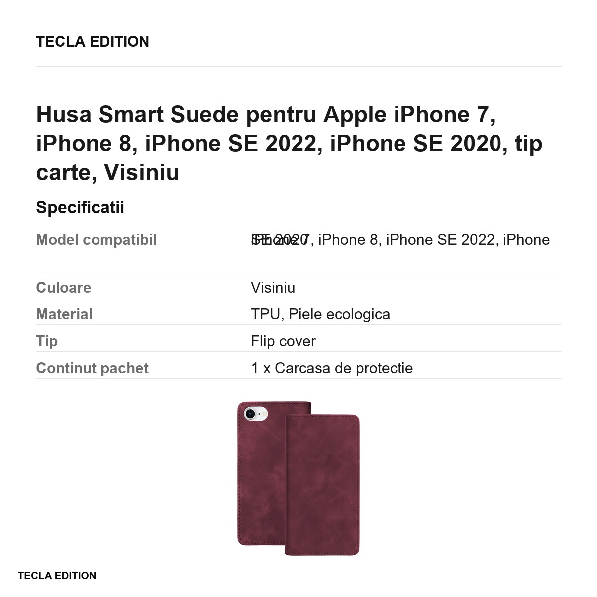Husa Smart Suede pentru Apple iPhone 7, iPhone 8, iPhone SE 2022, iPhone SE 2020, tip carte, Visiniu [3]