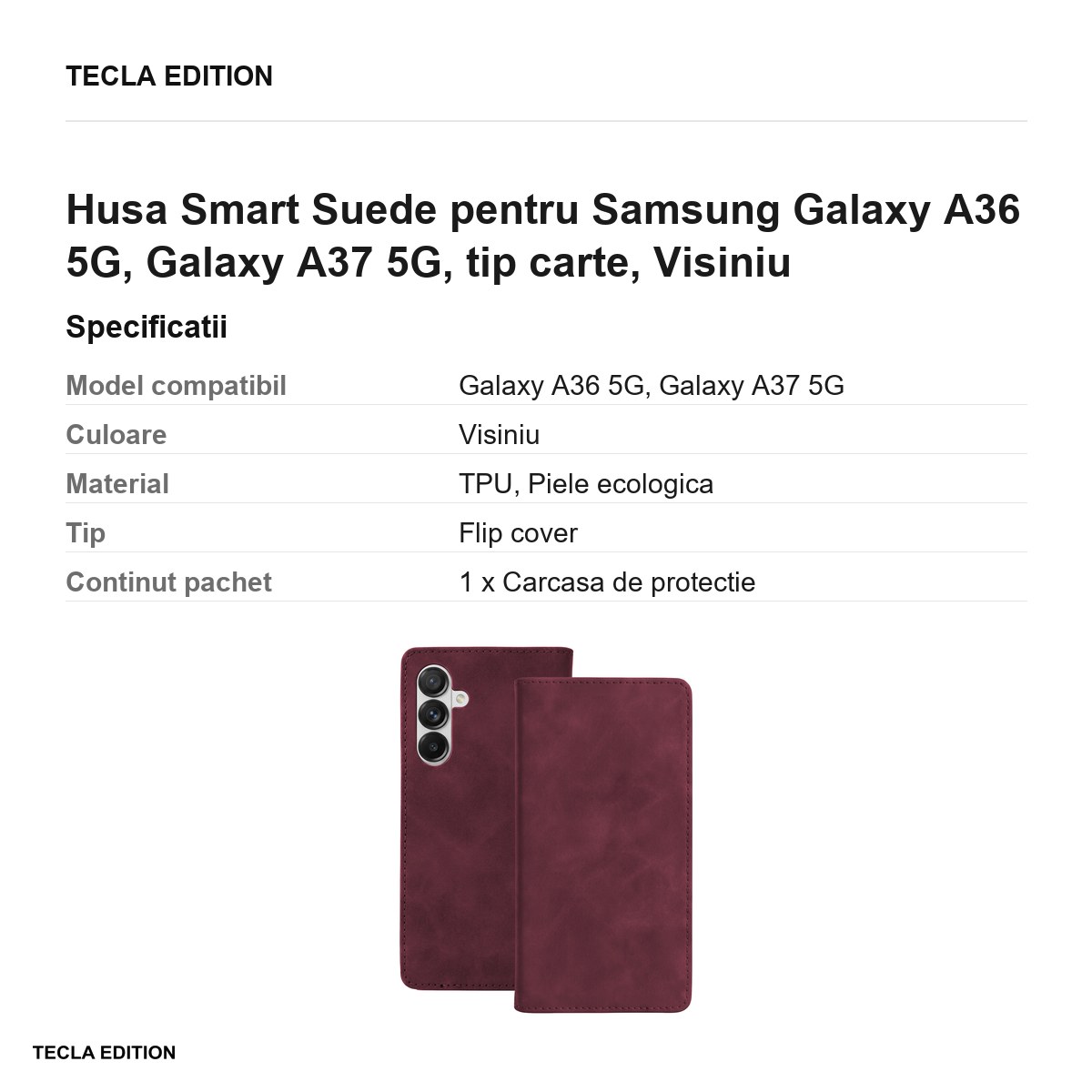 Husa Smart Suede pentru Samsung Galaxy A36 5G, Galaxy A37 5G, tip carte, Visiniu [3]