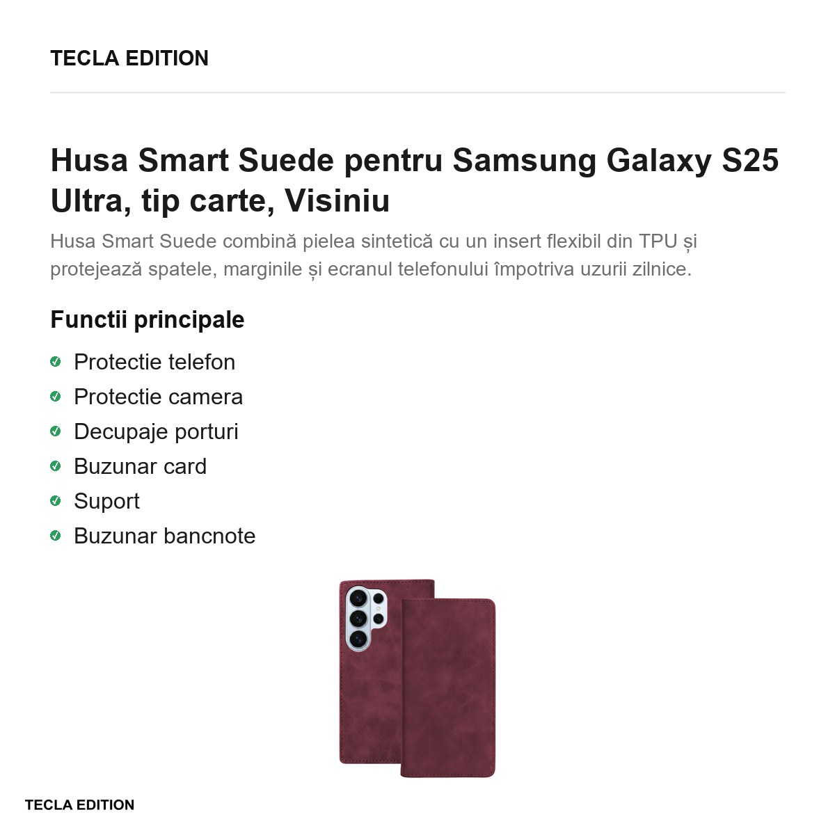 Husa Smart Suede pentru Samsung Galaxy S25 Ultra, tip carte, Visiniu [2]