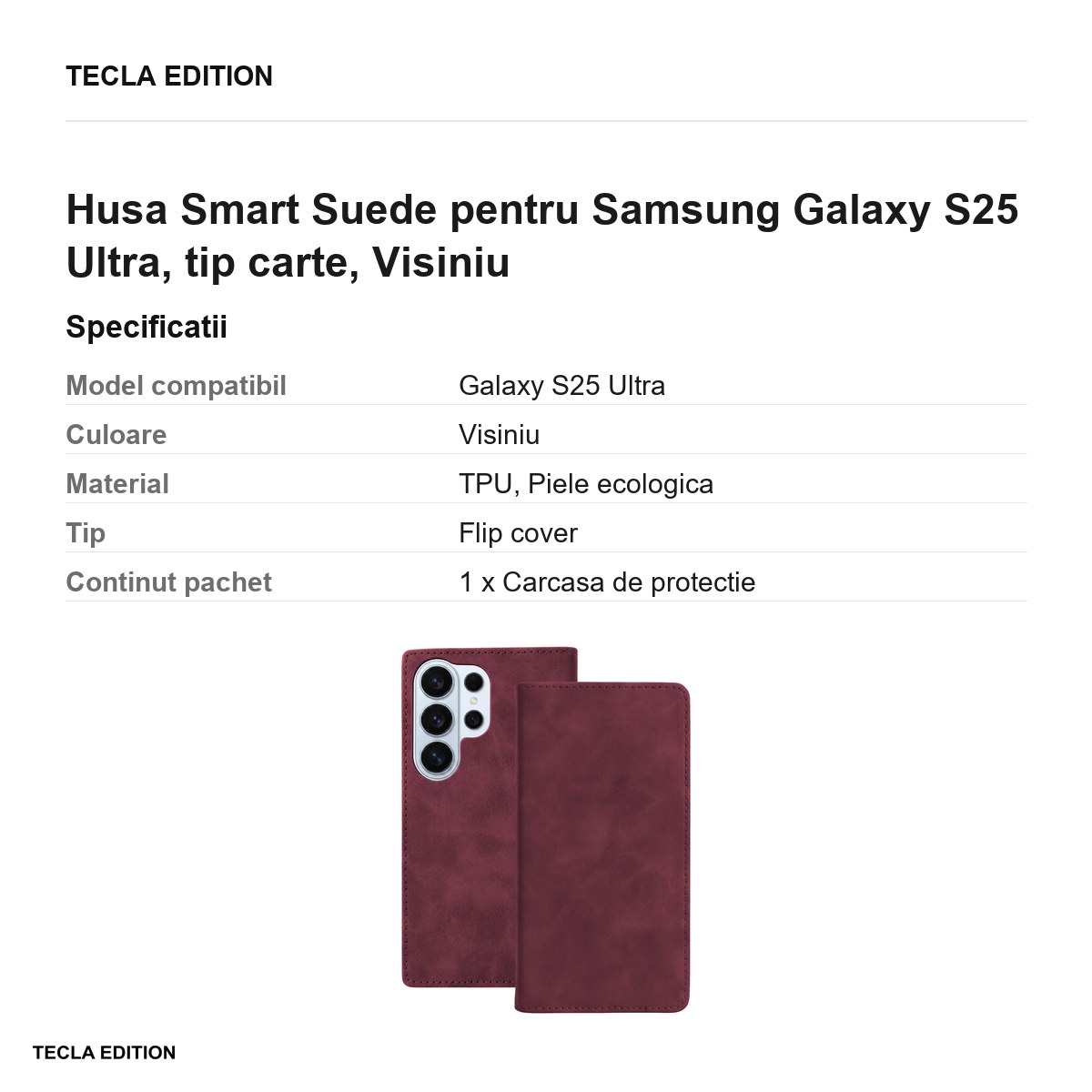 Husa Smart Suede pentru Samsung Galaxy S25 Ultra, tip carte, Visiniu [3]