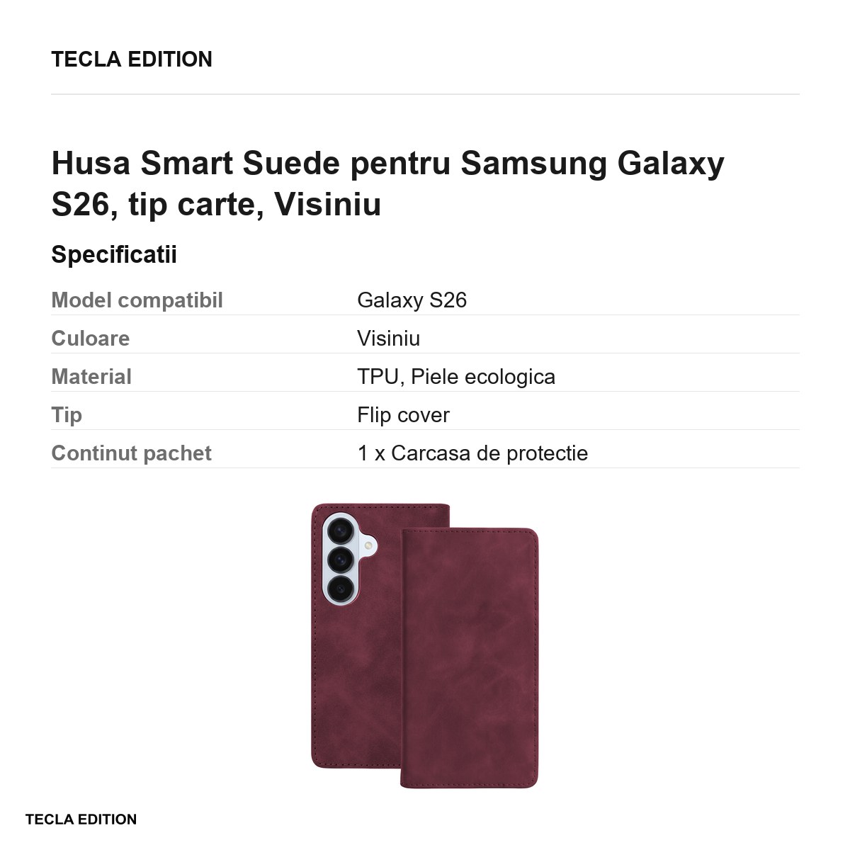 Husa Smart Suede pentru Samsung Galaxy S26, tip carte, Visiniu [3]