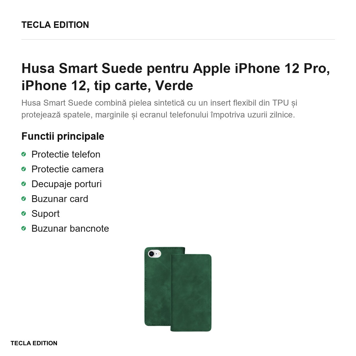 Husa Smart Suede pentru Apple iPhone 12 Pro, iPhone 12, tip carte, Verde [2]