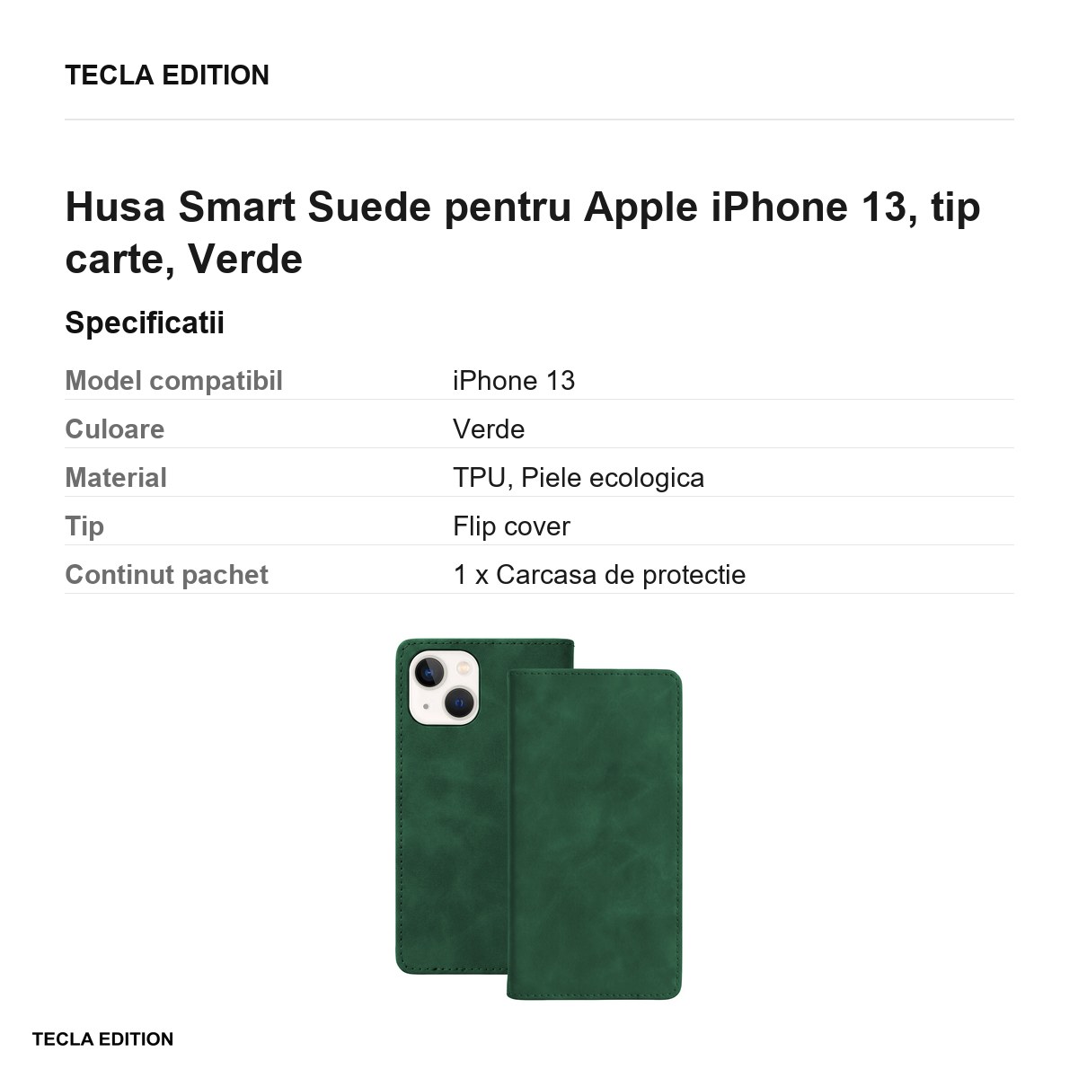 Husa Smart Suede pentru Apple iPhone 13, tip carte, Verde [3]