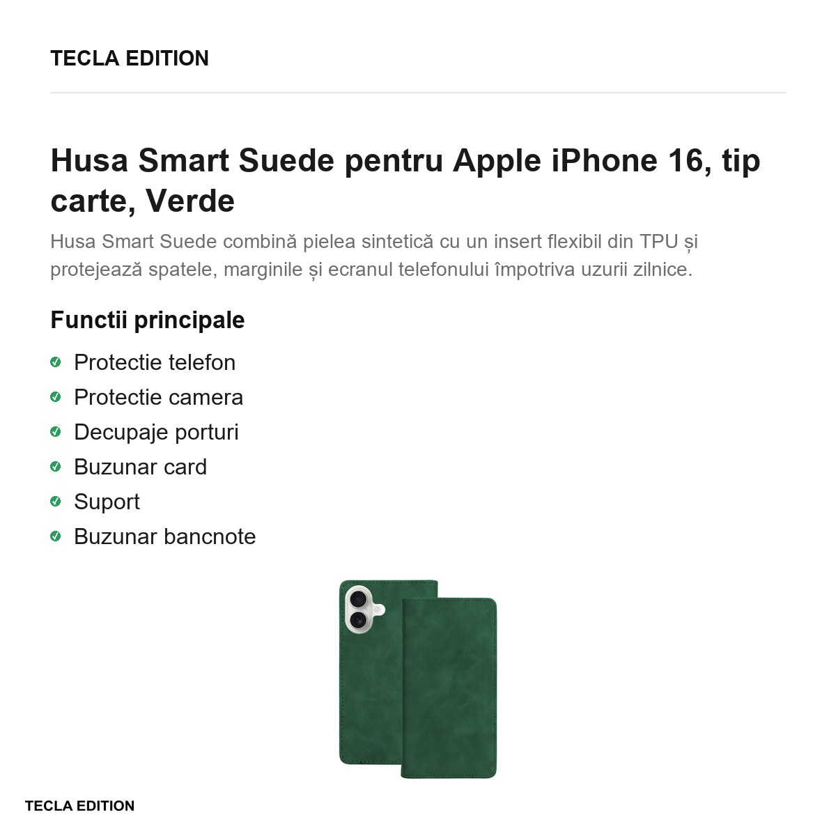 Husa Smart Suede pentru Apple iPhone 16, tip carte, Verde [2]