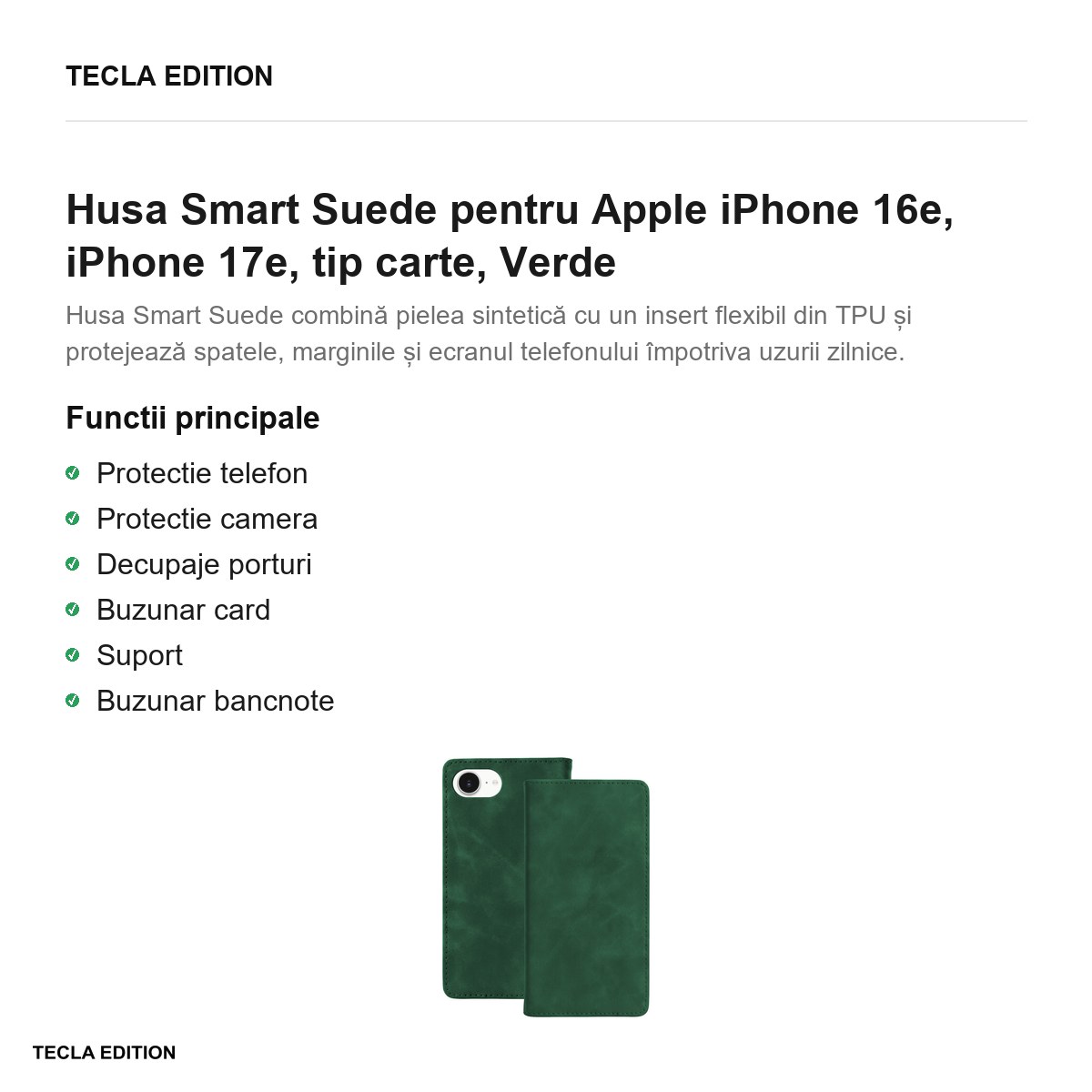 Husa Smart Suede pentru Apple iPhone 16e, iPhone 17e, tip carte, Verde [2]