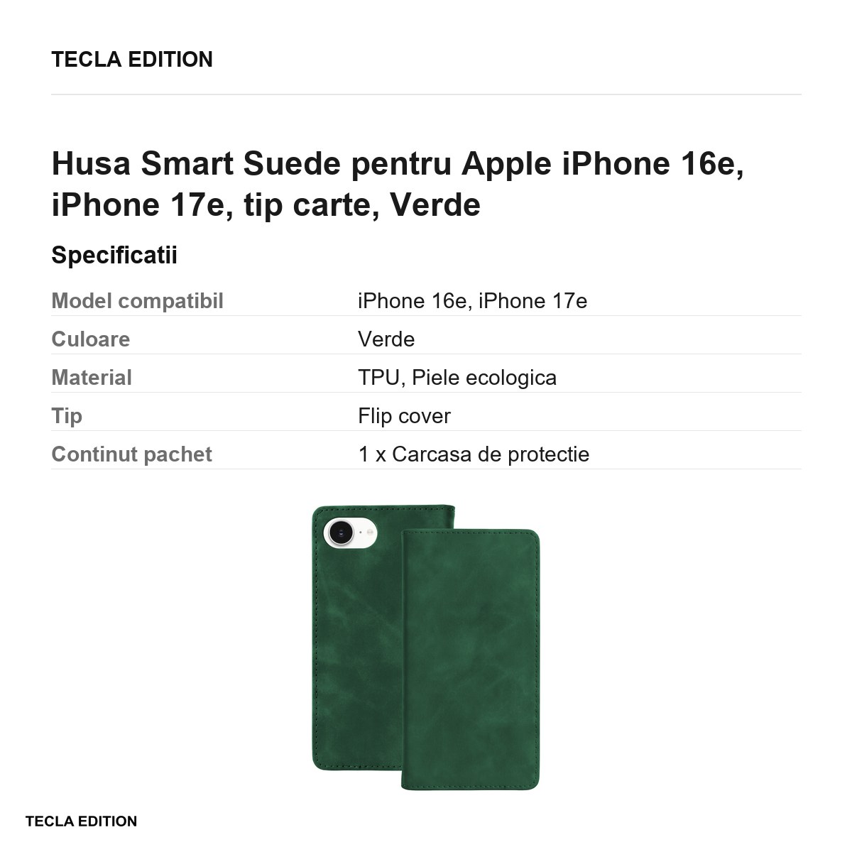 Husa Smart Suede pentru Apple iPhone 16e, iPhone 17e, tip carte, Verde [3]